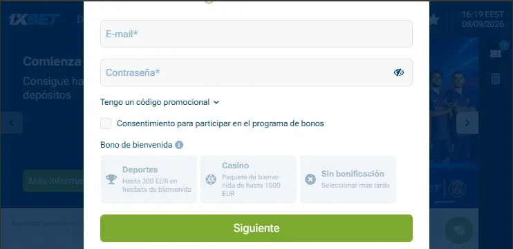 Registro en 1xBet con verificación de identidad