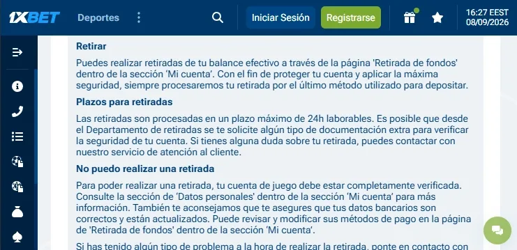 Retiro de fondos seguro en 1xBet